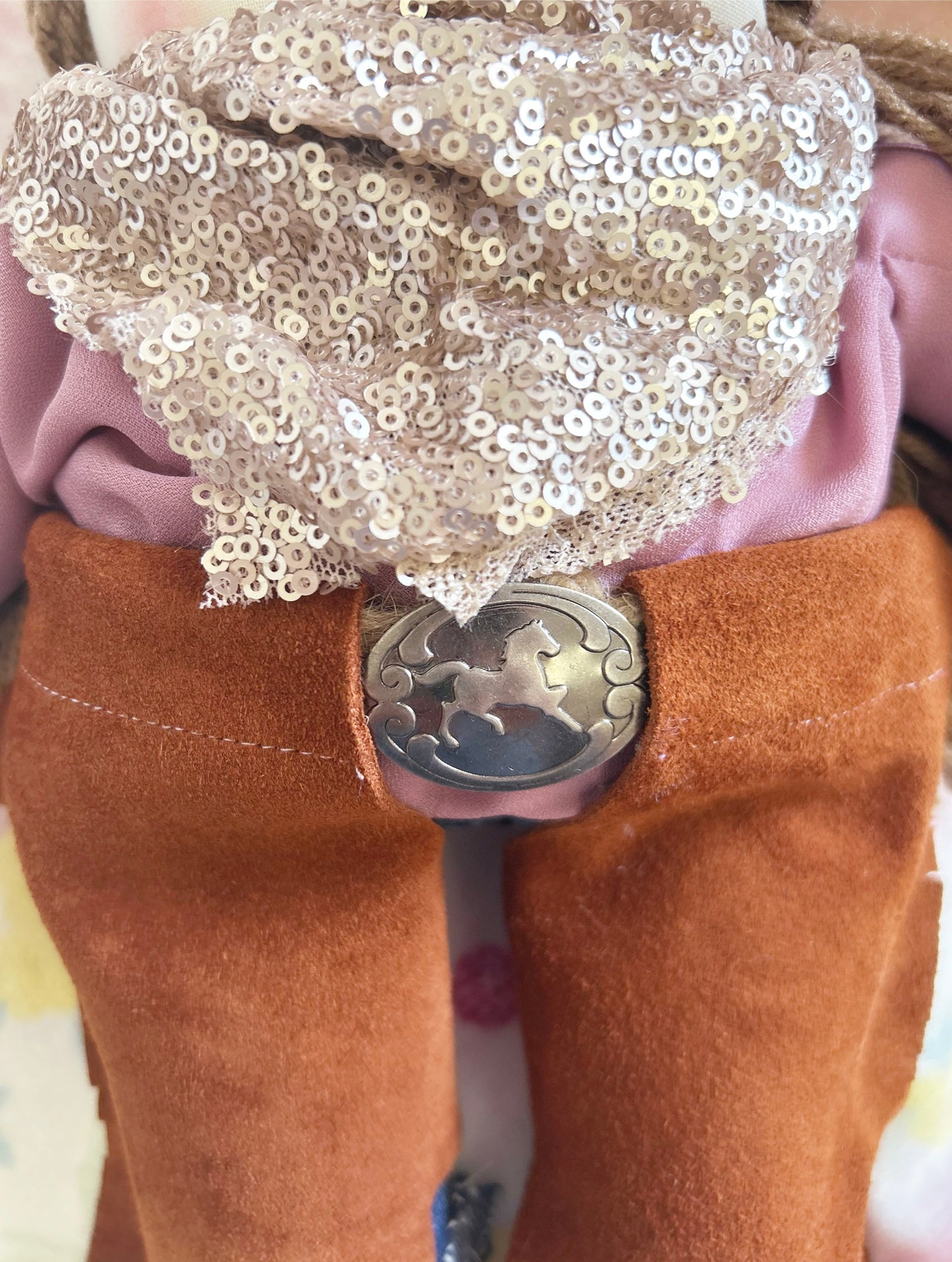 Cowgirl doll, heirloom doll, gold sequins, horse buckle