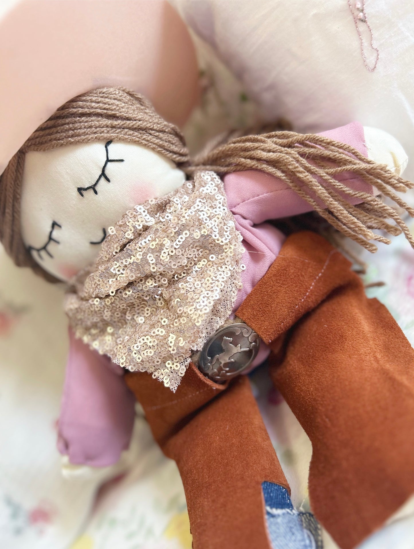Cowgirl doll, heirloom doll, gold sequins, horse buckle