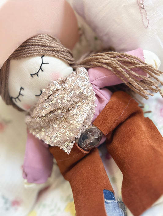 Cowgirl doll, heirloom doll, gold sequins, horse buckle