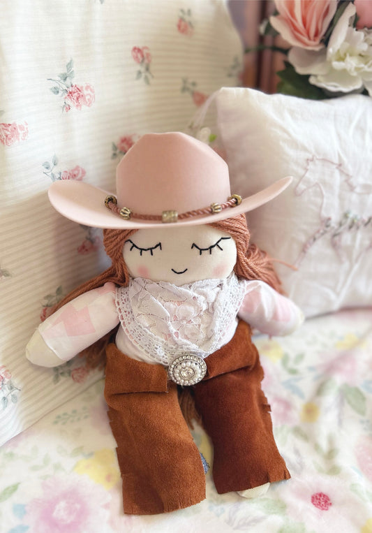 Cowgirl doll, heirloom doll, white lace, red hair