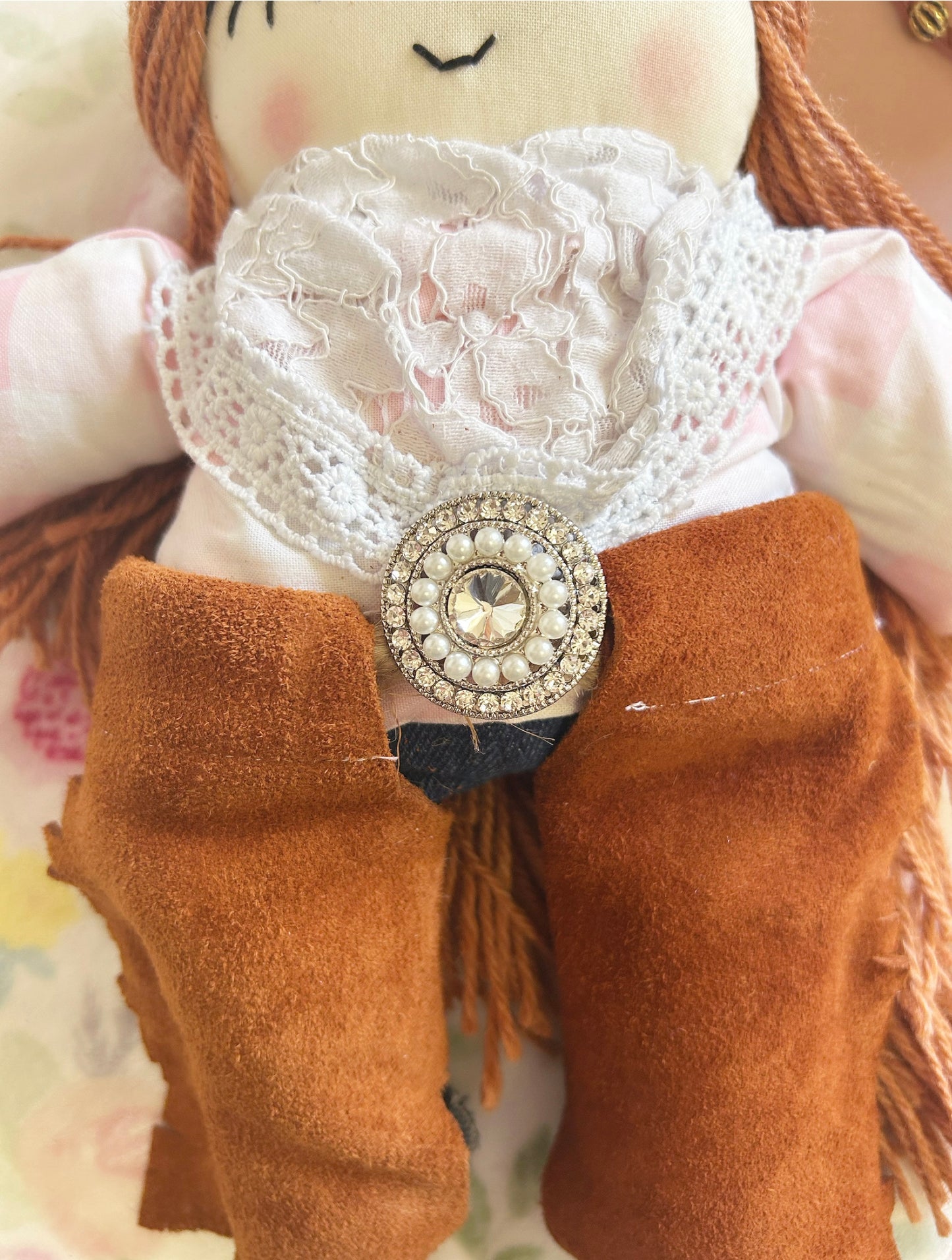 Cowgirl doll, heirloom doll, white lace, red hair