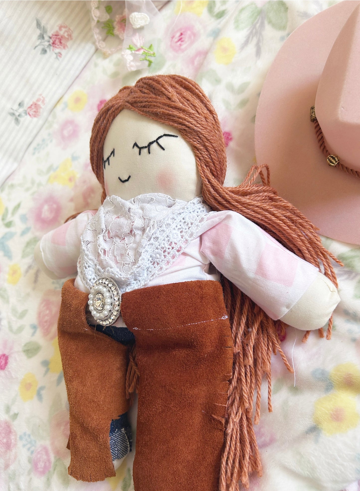 Cowgirl doll, heirloom doll, white lace, red hair