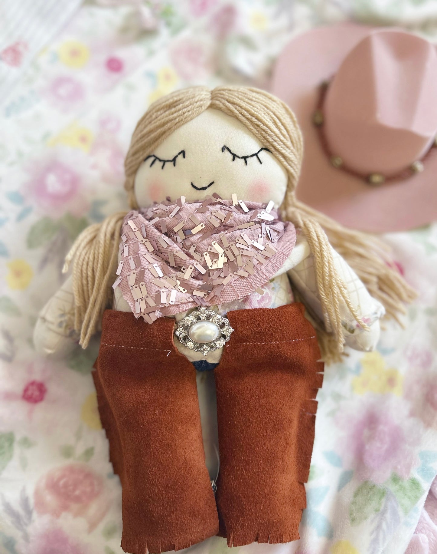 Cowgirl doll, heirloom doll, blush sequins