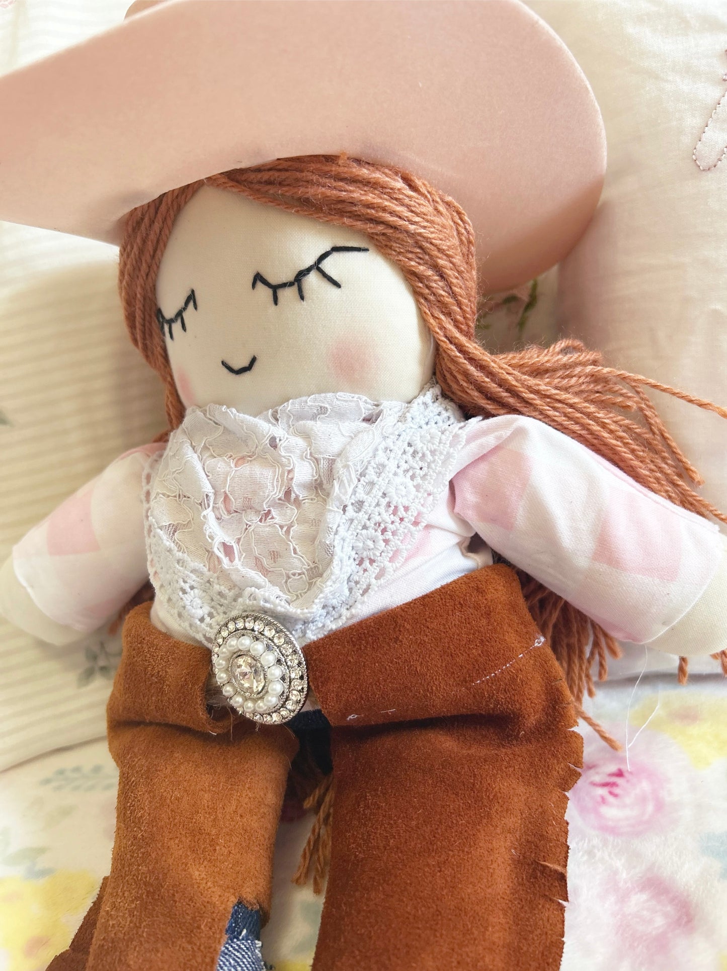 Cowgirl doll, heirloom doll, white lace, red hair