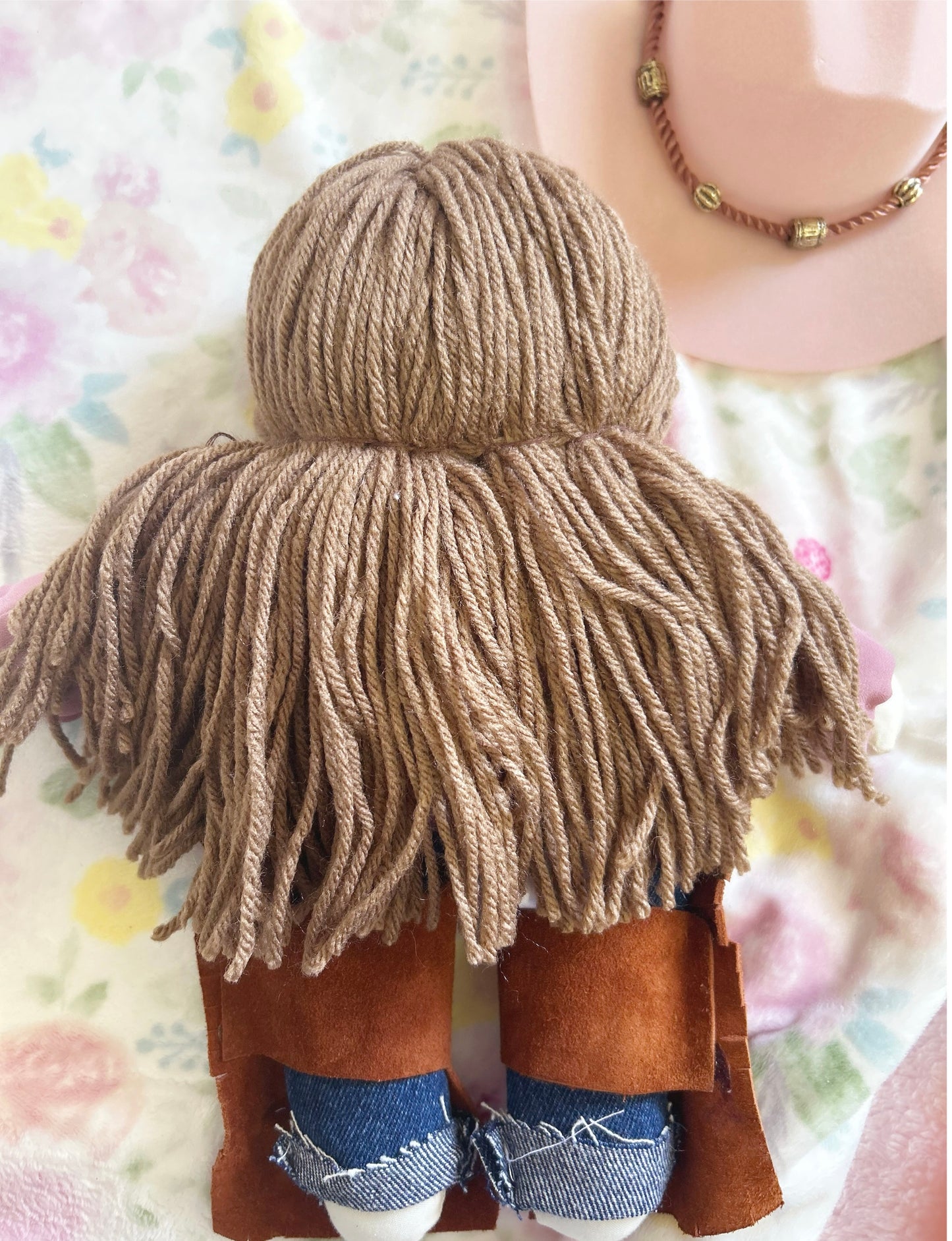 Cowgirl doll, heirloom doll, gold sequins, horse buckle