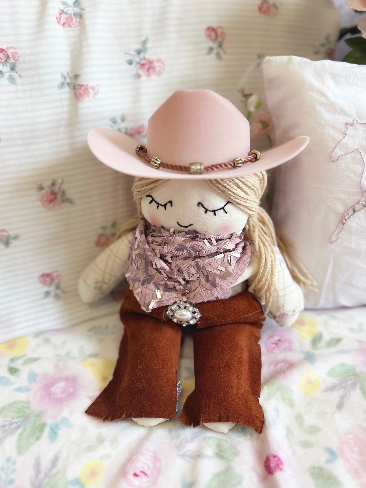 Cowgirl doll, heirloom doll, blush sequins