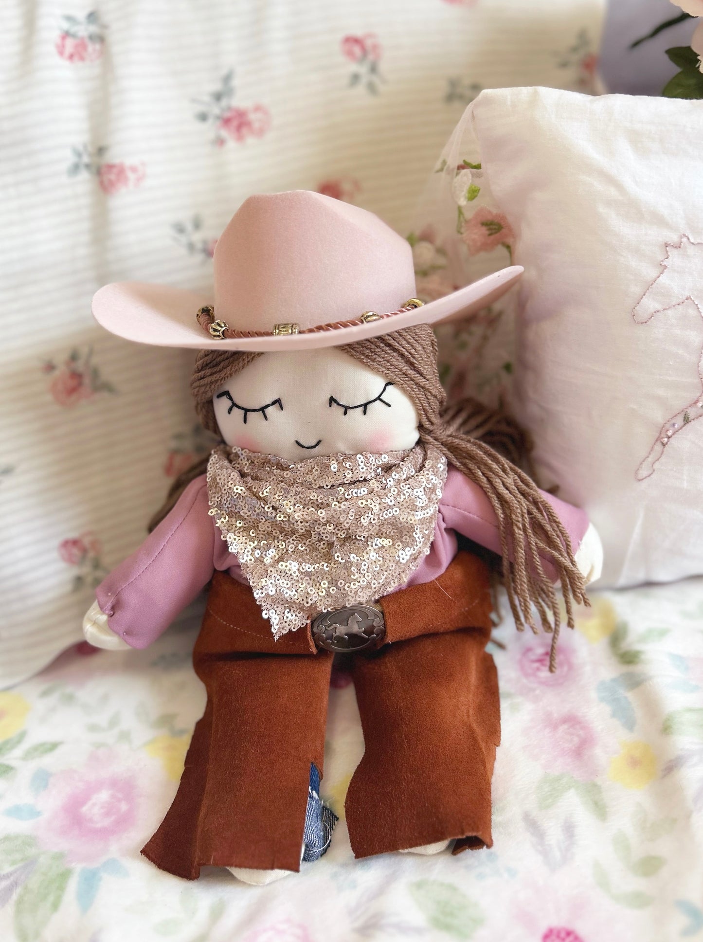 Cowgirl doll, heirloom doll, gold sequins, horse buckle