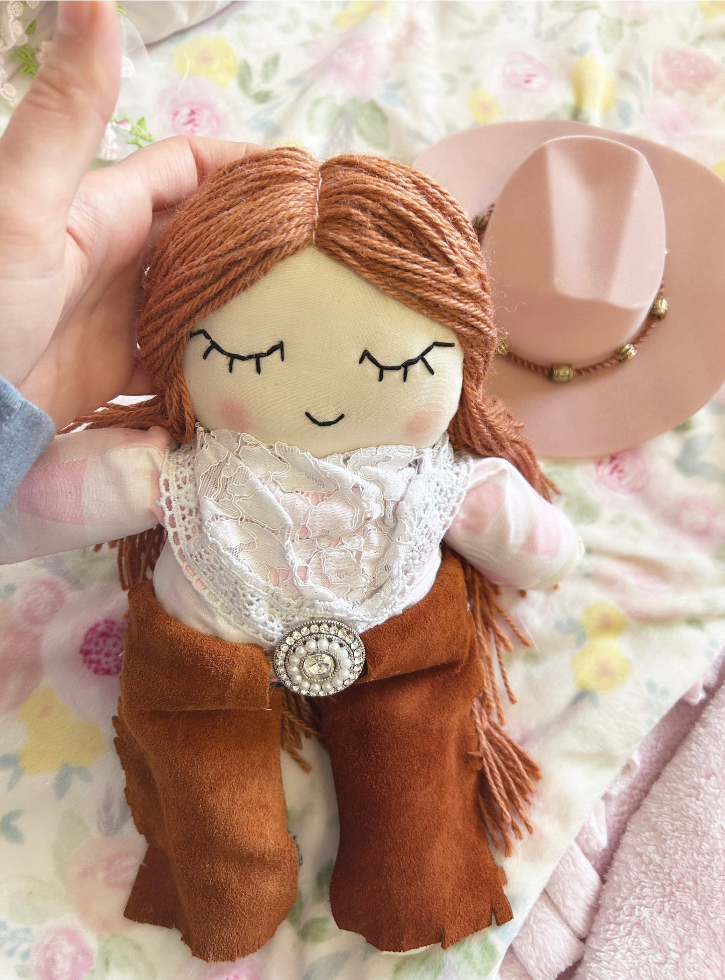 Cowgirl doll, heirloom doll, white lace, red hair